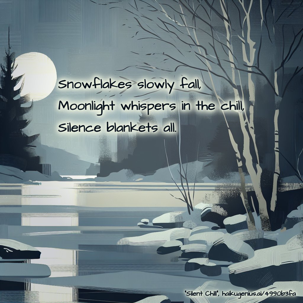 Snowflakes slowly fall,
Moonlight whispers in the chill,
Silence blankets all.
"Silent Chill", haikugenius.ai/4990b3fa

✨ Create your own beautiful haiku with stunning generative art—free and no signup needed! Try it now: haikugenius.ai

#SilentChill #haiku #haikudaily