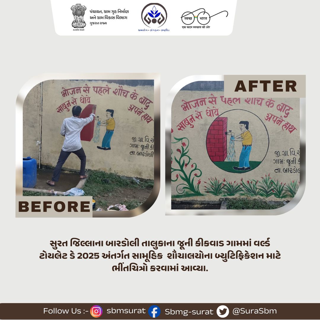 SuratSbm's tweet image. સુરત જિલ્લાના બારડોલી તાલુકાના જૂની કીકવાડ ગામમાં વર્લ્ડ ટોયલેટ ડે 2025 અંતર્ગત સામૂહિક શૌચાલયોના બ્યુટિફિકેશન માટે ભીંતચિત્રો કરવામાં આવ્યા.
@collectorsurat  @SuratDrda  @SURAT_DDO1  @CrdGujarat  @tdo_bardoli  #sbmg #sbm #ruraldevelopment #hamarashauchalayhamarabhavishya