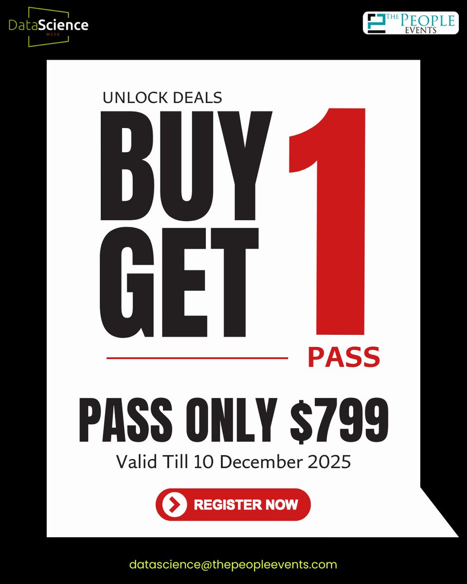The Data Science Week is back — and this time, we’re bringing you an offer you can’t afford to miss!

✨ BUY 1 GET 1 PASS FREE ✨

🔴 Register Now &amp; Secure Your Spot: datascience.thepeopleevents.com 

#datascience #event #dubai #offers