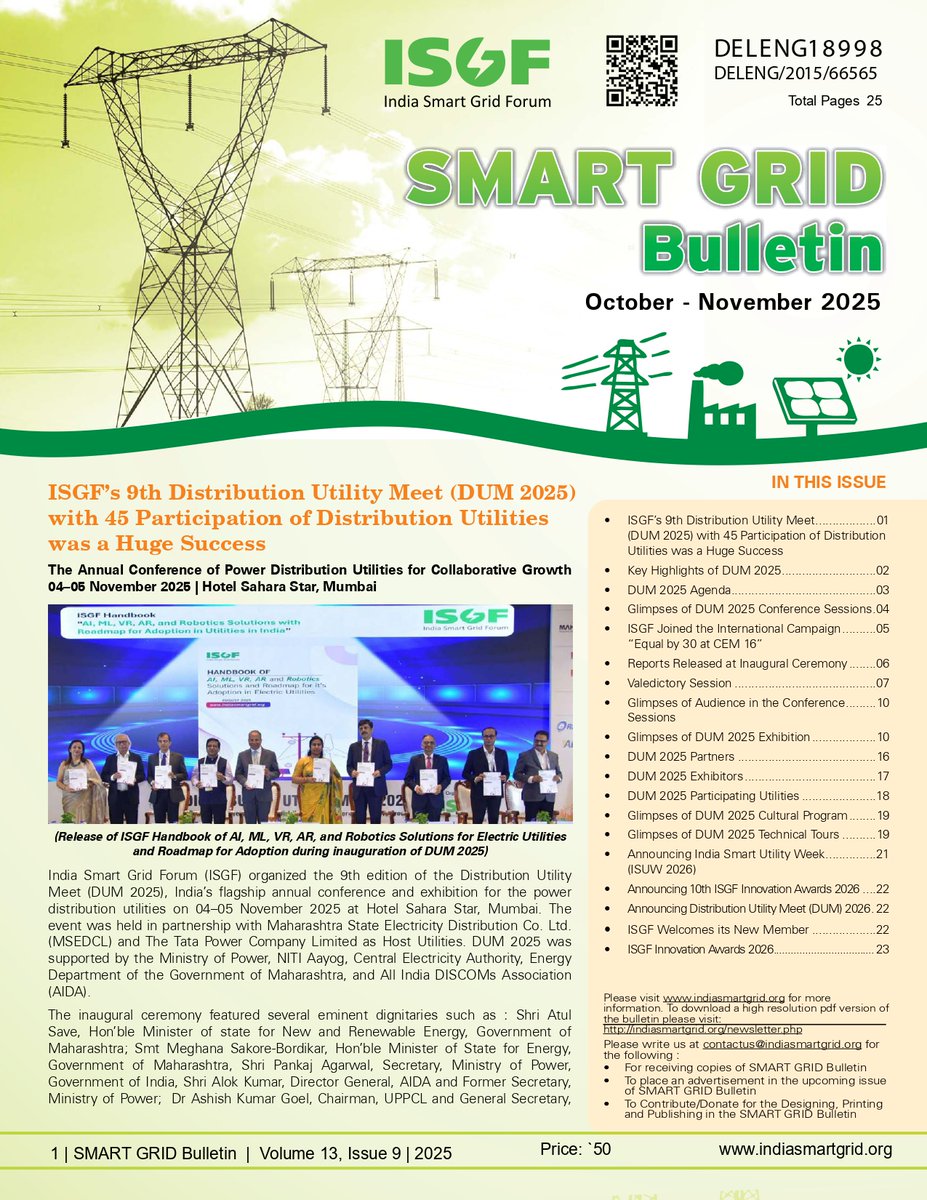 IndiaSmartGridF's tweet image. Latest issue of ISGF #Smartgrid bulletin is now available at following link - bit.ly/48Mbr7X

Read it for all the latest insights about #power sector technologies, projects, regulatory and other updates

Tags - @rejipillai | @suri_reena