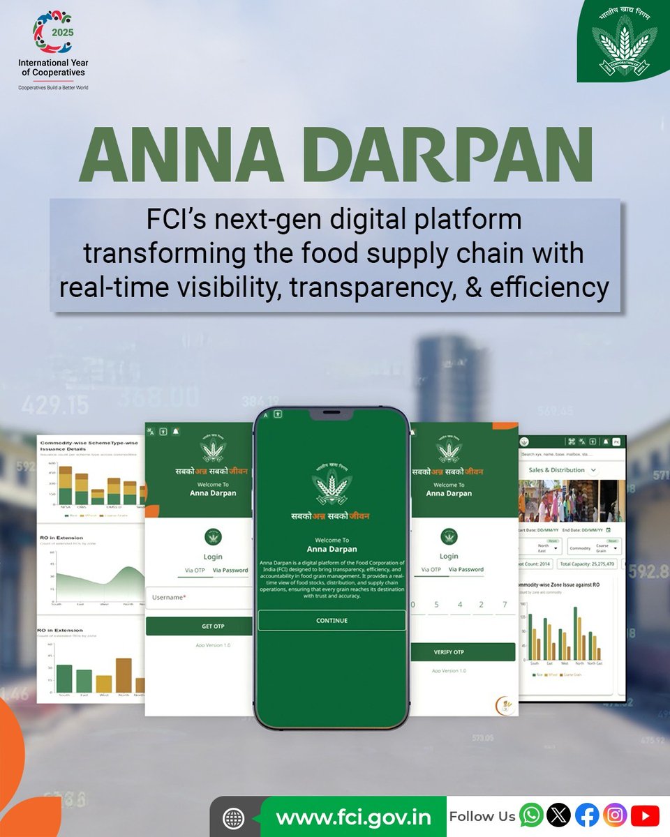 With innovation at its core, with #ANNADARPAN, FCI is reshaping the future of food grain management. A unified, smart digital system ensuring real-time monitoring, transparency, and operational excellence across the entire FCI ecosystem.

#DigitalIndia #India