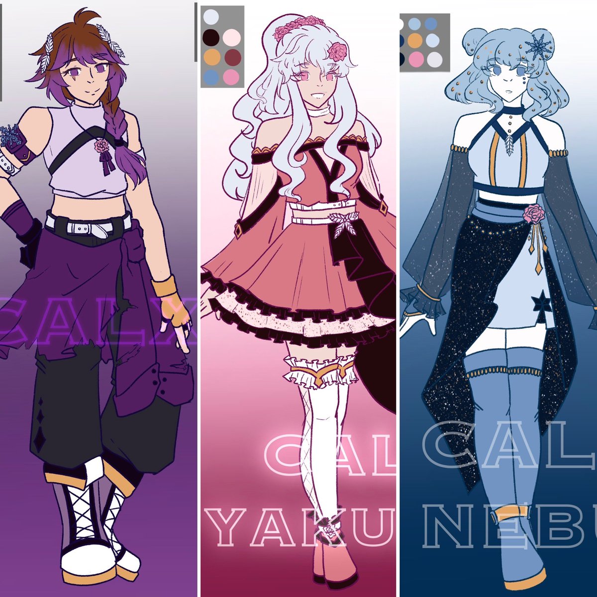 timelyoc's tweet photo. Me and oomfs put our demon slayer ocs in an idol AU and I designed outfits bc brain rot told me to
Introducing: 
Isao (mine, purple) 
Miyako (@YakumoSoul, pink) 
Yuki (@EstellaNebula, blue) 
Together, they’re Echoflux III 😭 https://t.co/su4vsKsjUy
