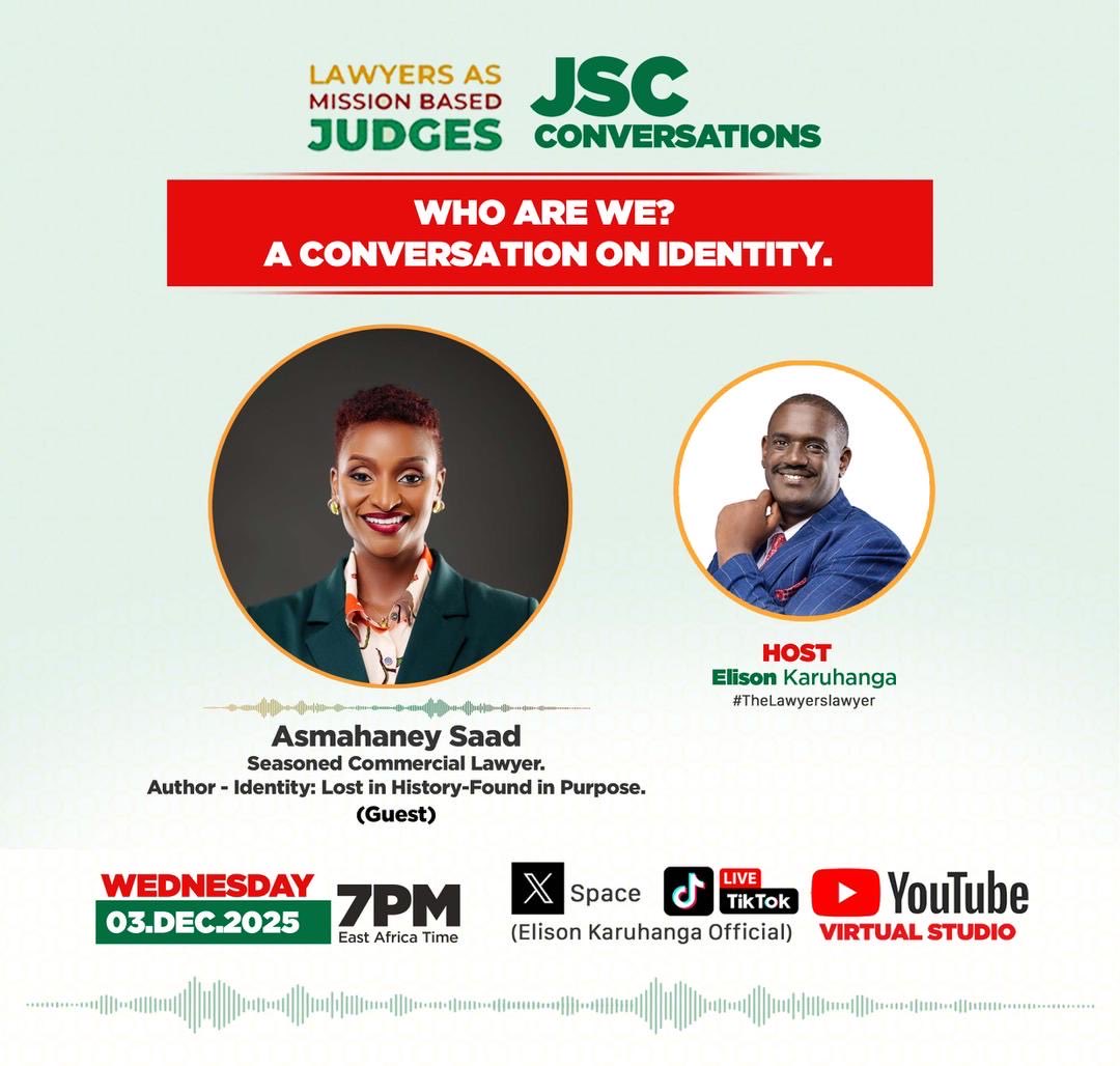 Honlukwago22's tweet photo. Join us today at 7pm on our weekly JSC Conversations as we host @asmahaney12 , a commercial law expert. A conversation on” Who we are and identity”
@elisonk @MuyaakaAlfred
#EK4JSC #LawyersLawyer #JSConversations https://t.co/MqTHG3oNcT