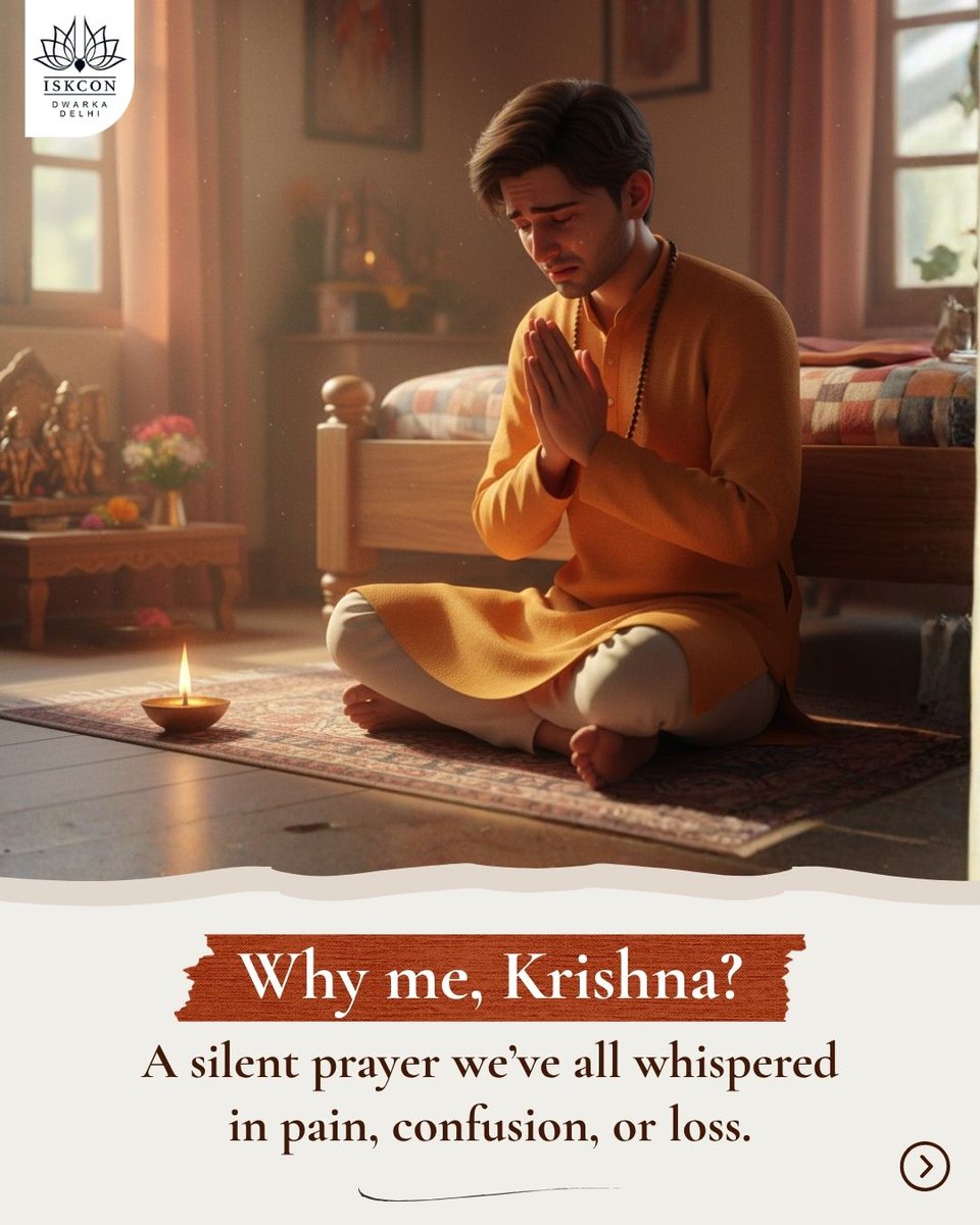 ISKCON_Dwarka's tweet photo. Sometimes, what feels like life breaking you is actually Krishna building you. 
When things go wrong, remember — He never gives a burden without a purpose.
Your pain has a divine plan behind it. Just hold on, and let faith do its work.
 
#KrishnaWisdom #FaithInKrishna #BhaktiVibes #TrustKrishna #SpiritualJourney #ISKCON #KrishnaConsciousness #WhenLifeFeelsUnfair #DivinePlan #BhagavadGitaTeachings