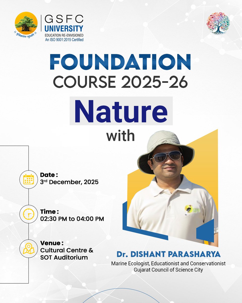 GSFCUniversity's tweet image. #FoundationCourse 2025–26 | Session 2: Nature 🌿
Students explored ecosystems, biodiversity, and the importance of conservation in an inspiring session by Dr. Dishant Parasharya from Gujarat Council of Science City.
A meaningful reminder to reconnect with the natural world.