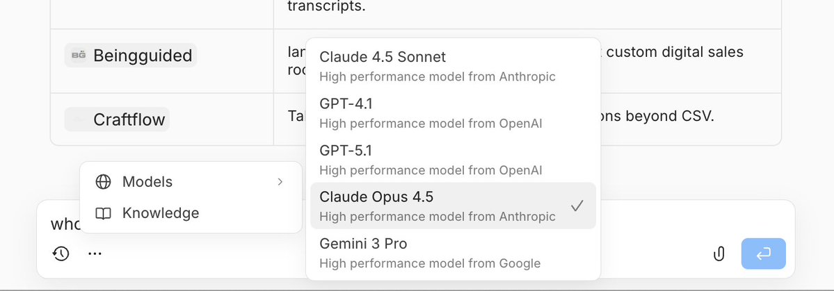 lightfld's tweet image. For those of you with thousands of objects, we&apos;ve found that Claude 4.5 Opus does a little better at complex analysis using CRM data. 

We&apos;ve just enabled Opus and Gemini 3 Pro in your workspace. Give it a shot and see if your analysis work improves.