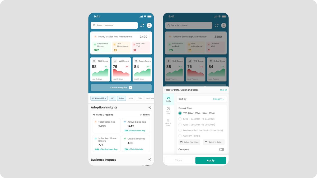 Shrey_Rastogi13's tweet image. Just designed a complete Sales Force Automation dashboard app – cleaner insights, faster decision-making and a filter experience that actually feels good to use Building product that make teams work smarter → one screen at a time. #UIDesign #UXDesign #DesignSystem #ProductDesign