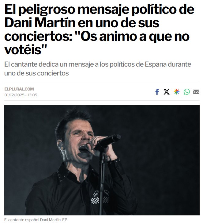 FLicoretas's tweet photo. Así actúa el sistema, quien se crea que Dani Martín ha rectificado de manera voluntaria es que es un iluso.
La abstención es lo que más les duele a los oligarcas del régimen.
Una docena de personas con la influencia de Dani diciendo lo mismo y ponen España patas arriba. https://t.co/yxbmXUgz9h