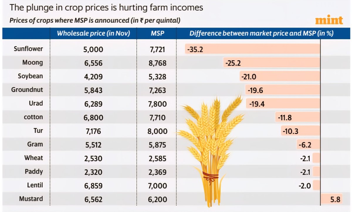 ramanmann1974's tweet image. Sunflower is selling 35% below MSP, moong is selling 25.2% below MSP, soybean is selling 21% below MSP, groundnut is selling 20% below MSP, urad is selling 19% below MSP, cotton selling 12% below MSP, tur selling 10% below MSP, onion is selling at ₹1/Kg; what will #farmers eat ?