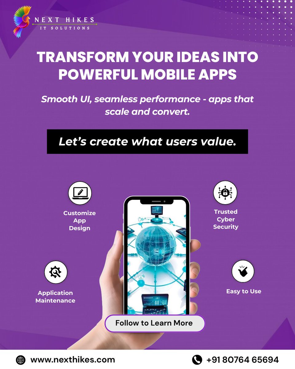 Nexthikes's tweet image. Your app idea deserves innovation and an effortless user experience. 
At Next Hikes IT Solutions, we build secure, high- performing mobile apps that users trust.

#nexthikesitsolutions #mobileappexperts #smartappsolutions #futurereadyapps #digitaltransformation #appdevelopment