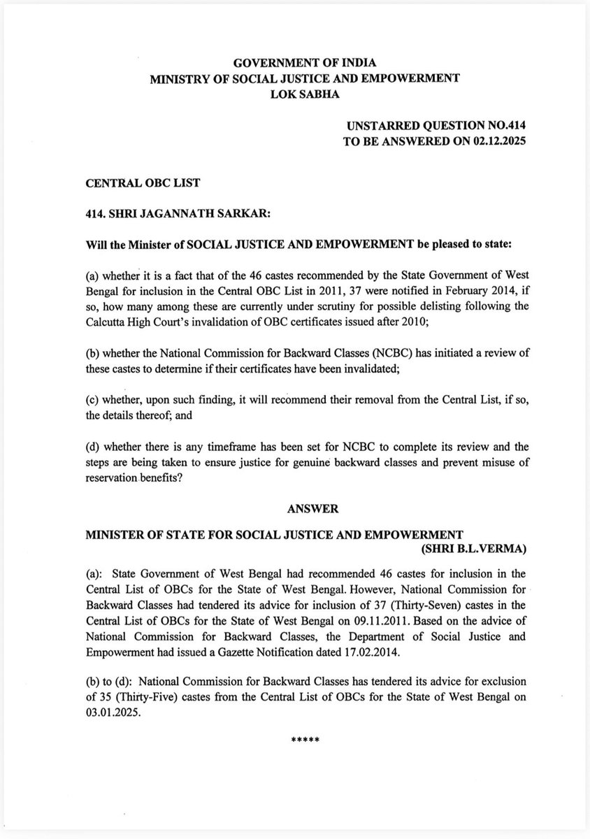 amitmalviya's tweet image. NCBC Strikes down 35 Castes from West Bengal in Central OBC List - All of them Muslim

The NCBC has removed 35 castes from the Central OBC List and every single one of them belongs to the Muslim community.

This raises serious questions about the policy of clubbing religious…