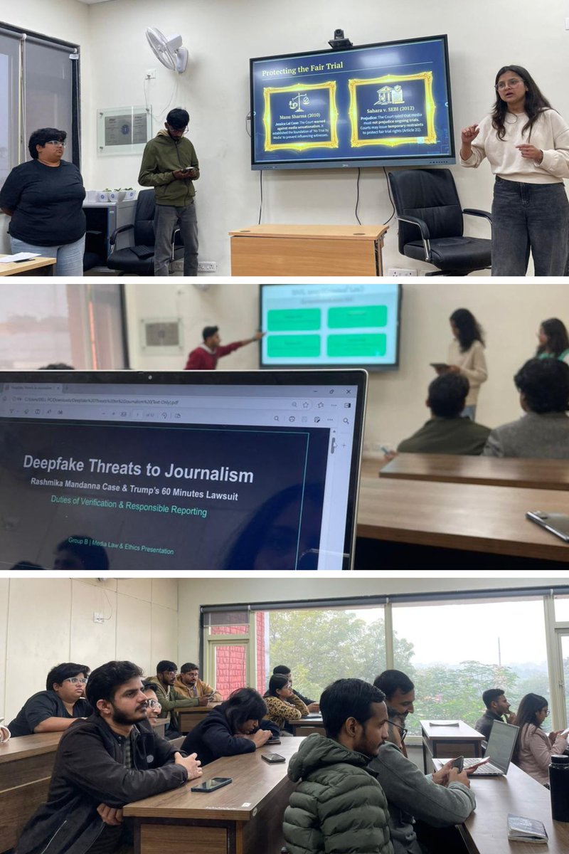 IIMC_India's tweet image. RTV students presented on "Legal Challenges faced by Journalists in the #DigitalAge," applying a journalistic lens to issues such as:
Personality&amp;amp; Digital Rights
Deepfake
AI/VFX Alterations
Copyright
Privacy vs Public Interest
Chief guest Mr. @Sumit_Nagpal guided them.

@sangpran