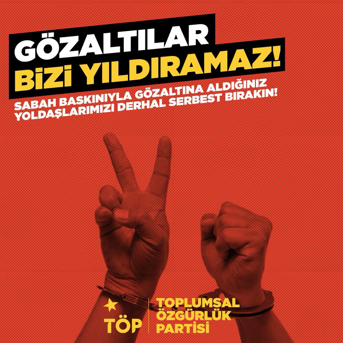 Gözaltılar, baskılar bizi yıldıramaz! 

Bu sabah İzmir'de 5 parti üyemiz ev baskınıyla gözaltına alındı. 

AKP/MHP iktidarının sosyalistlere saldırıları devam ediyor. Baskılar, gözaltı saldırıları karşısında yine aynı şeyi söylüyoruz: Sosyalistleri yıldıramazsınız. 
Gözaltına