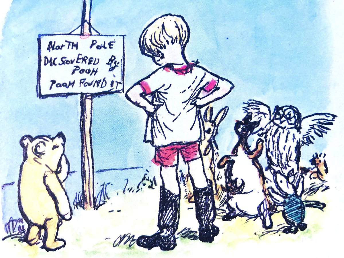 A_AMilne's tweet image. "What does the North Pole look like?" said Christopher Robin carelessly. "I suppose it's just a pole stuck in the ground?" 
"Sure to be a pole," said Rabbit, "and I think it would be sticking in the ground because there'd be nowhere else to stick it." ~A.A.Milne #NorthPole