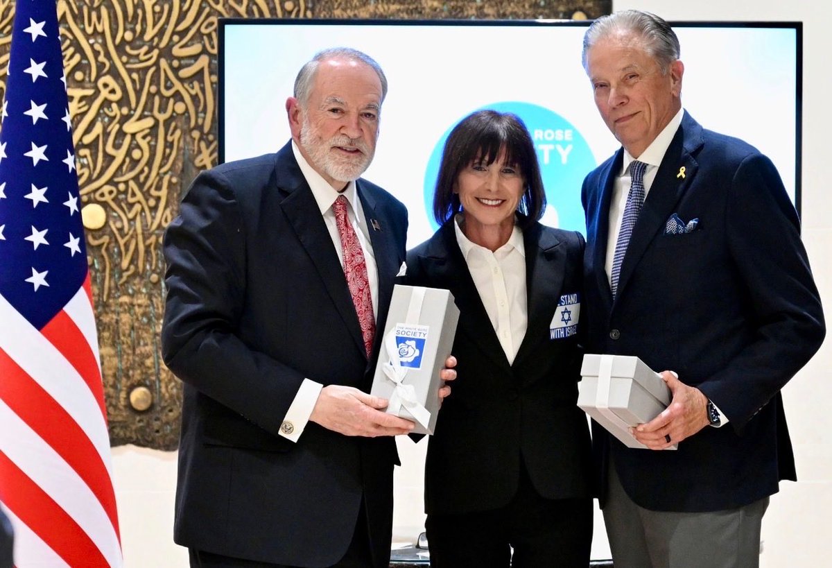 Grateful to be associated with the White Rose Society….Linda Selig founder with me and other honoree Ambassador Mike Huckabee in Jerusalem.The White Rose was the symbol of young evangelicals in Munich in 1942 who resisted the Nazis and aided the Jewish people.