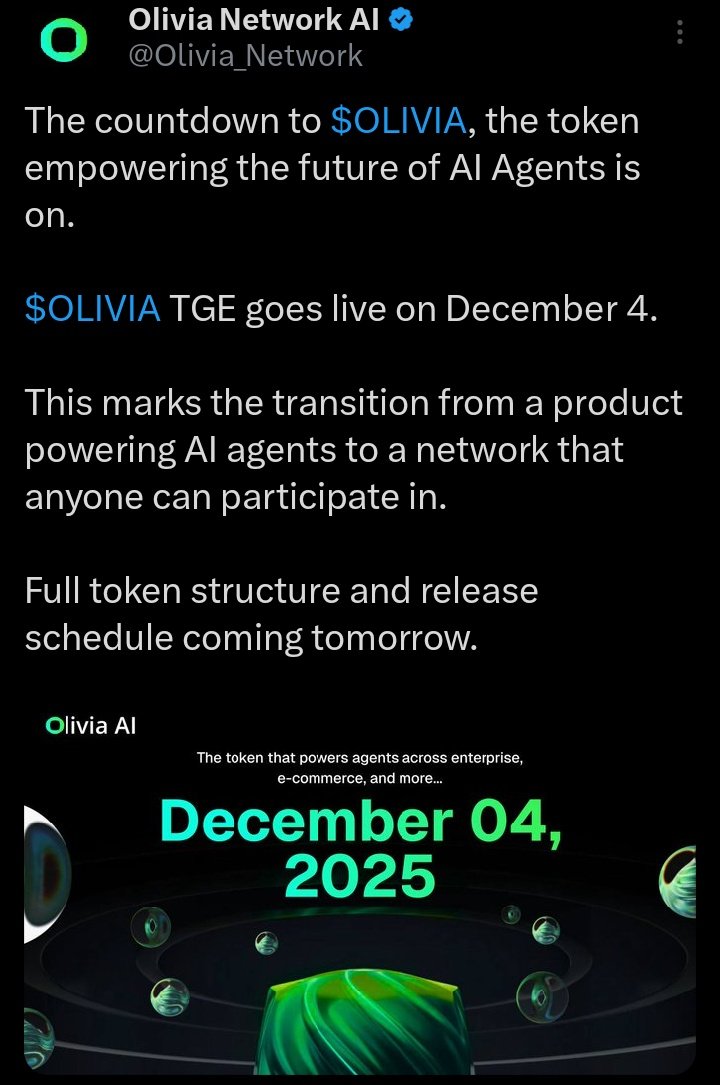 Olasbright1's tweet photo. Xoxo Fam
$OLIVIA TGE is HERE. 💚
How ready are you for this moment?
How bullish are you?
This is the fuel for the next wave of AI Agents, early positioning is everything.
Are you in or watching?
gOLIVIA if you're still here with us.
#OLIVIA #TGE #OliviaAI https://t.co/DG9htaHHY2
