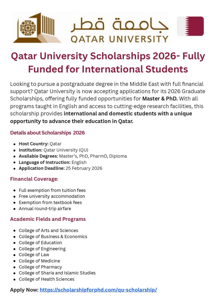 PantamiFound's tweet image. Qatar University Graduate Scholarships 2026 – Fully Funded

Qatar University is now accepting applications for its fully funded Master’s, PhD, and PharmD programs for Fall 2026. The scholarship covers full tuition fees, university accommodation, textbook costs, and annual…