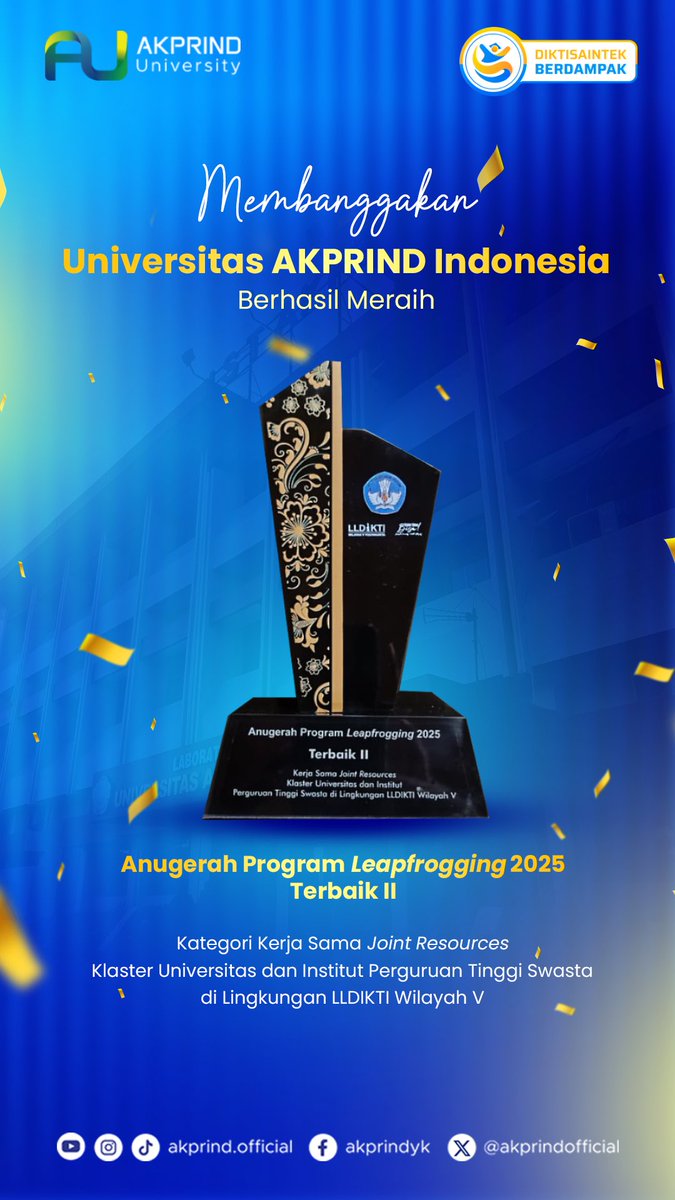 Akprind University berhasil menorehkan prestasi! ✨

Meraih Terbaik II Anugerah Program Leapfrogging 2025 dari LLDIKTI Wilayah V.

#ProdiUnggul #UKTTerjangkau #KuliahMurahdiJogja #UKTStabil #akprinduniversity #tumbuhdanberinovasi