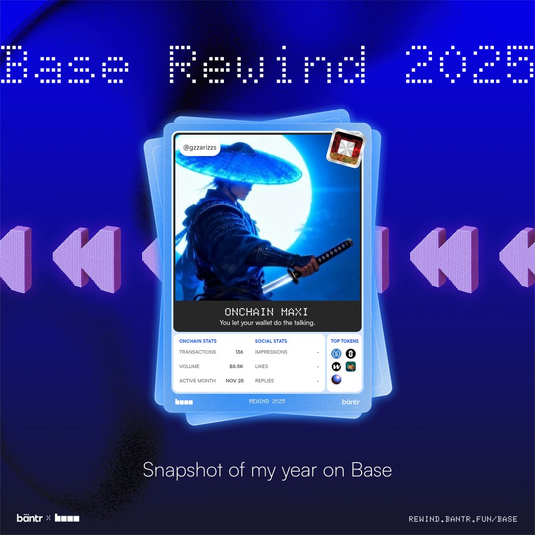 gzzarizzs's tweet photo. Just checked my Base Rewind 2025 by @bantr_fun!
It’s a full recap of my year on @Base.

If you want to see your own onchain + social stats from 2025, go to: https://t.co/WKdlxDhT4R https://t.co/0m1y6cO1AY