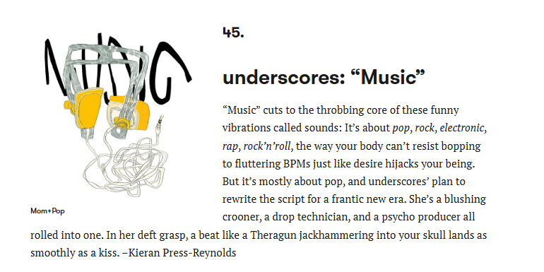underscores "Music" ranked Number 45 on Pitchforks "The 100 Best Songs of 2025"

via: <a href="/pitchfork/">Pitchfork</a>