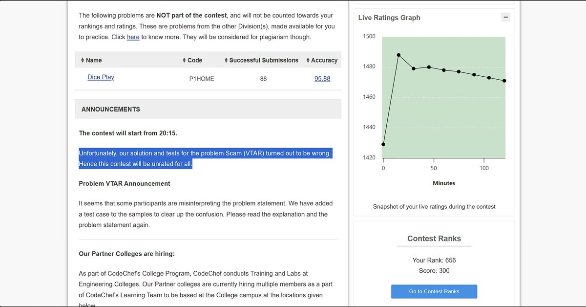 GeeksJourney's tweet image. CodeChef Contest Starters 214 got unrated because VTAR had wrong tests 😭
Would’ve earned a good rating!! 
#codechef