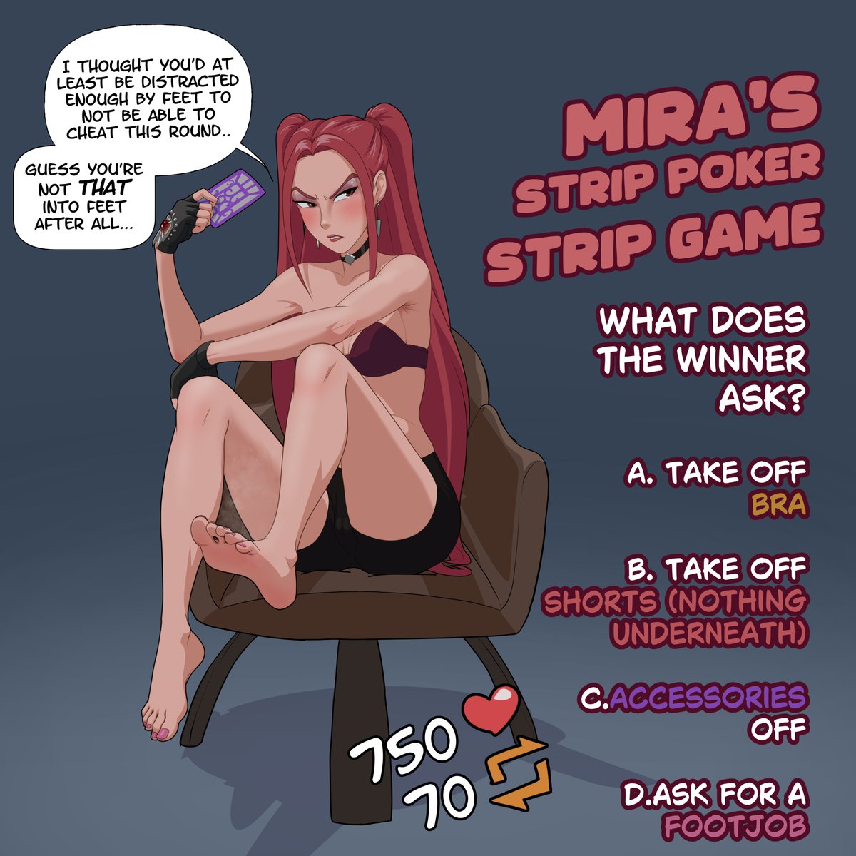 Godlem_art's tweet photo. Welp, Mira's strategy hasn't kept the two from winning. The rules have changed though, and the winner now gets to decide the loser's consequence.

Vote below, what the winner asked for. Enjoy. 

#KPOPDEMONHUNTERS #mira #stripgame https://t.co/VXSFl3eJI2