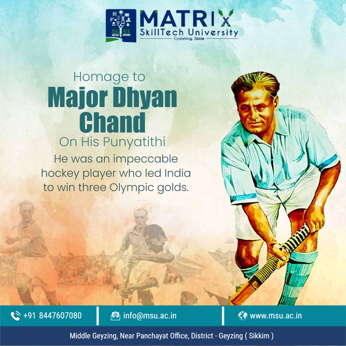 university19447's tweet image. “On the Punyatithi of Shri Major Dhyan Chand Ji, Matrix SkillTech University pays homage to the legendary hockey wizard whose unmatched skill, discipline, and sportsmanship brought glory to the nation.&quot; 🏑🇮🇳
#MajorDhyanChand #Punyatithi #MatrixSkillTechUniversity #HockeyLegend