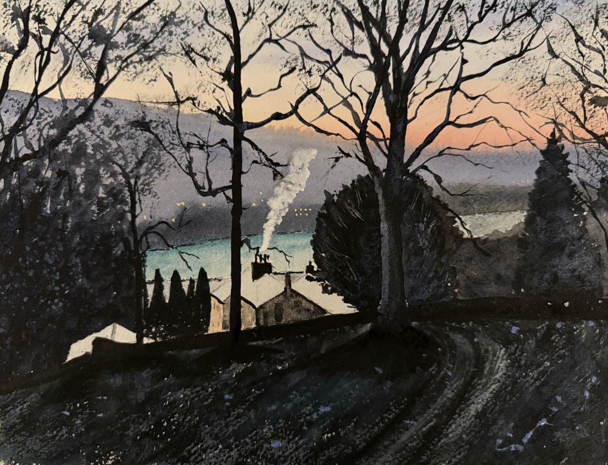 Frosty dawn at Stackhouse, in watercolour, inspired by a Robert Mee demo