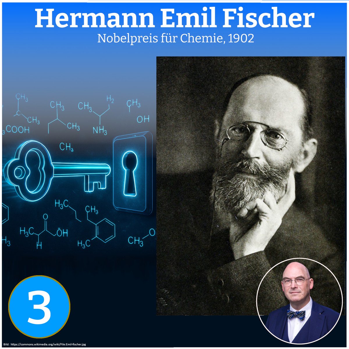 Tag 3 des Adventskalenders: 

Hermann Emil Fischer klärte die Struktur vieler Zucker- und Purinverbindungen auf und definierte das berühmte Schlüssel-Schloss-Prinzip. Seine Arbeiten legten zentrale Grundlagen der Biochemie. 1902 wurde er für seine Leistungen mit dem Nobelpreis