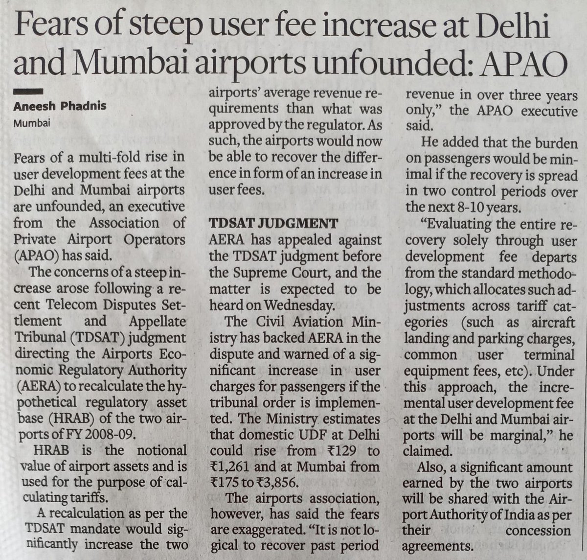 Fears of multi-fold hike in user development fee at Mumbai and Delhi airports unfounded : Private airport operators assoc