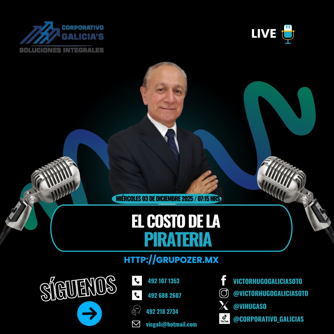 VIHUGASO's tweet photo. 📷 #PeriodismoFinanciero | Hoy hablaremos de sobre EL COSTO DE LA PIRATERÍA
📷 Te espero a las 07:15 horas en vivo por:
📷Zer Informativo Zacatecas con @elizondodigital

#VíctorHugoGaliciaSoto #Finanzas  #EconomíaMexicana #Compras #Zacatecas #CorporativoGalicias #PacoElizondo https://t.co/UD1g18DSUT