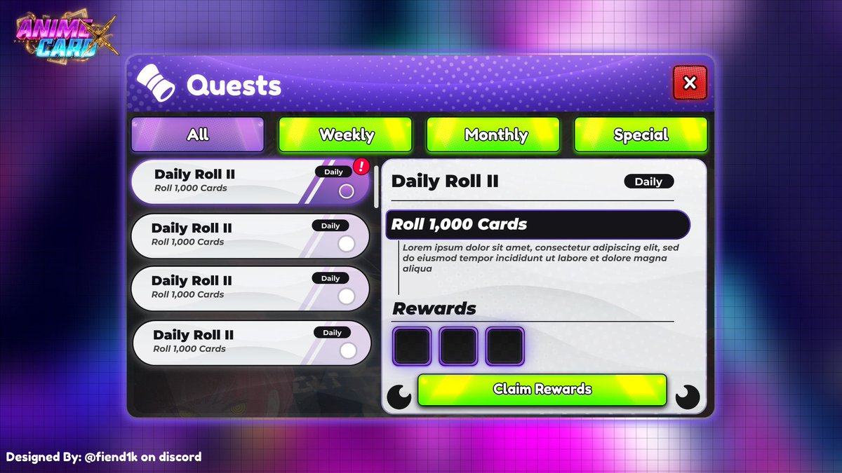 fiend1k's tweet photo. Whipped up a new Quest UI for Anime Card X. Smooth, clean, and super fun to make 🔥

Any feedback, like, and reposts are appreciated! ♻️

#Roblox #RobloxDev #UI #RobloxUI https://t.co/fFKzAWX3L4