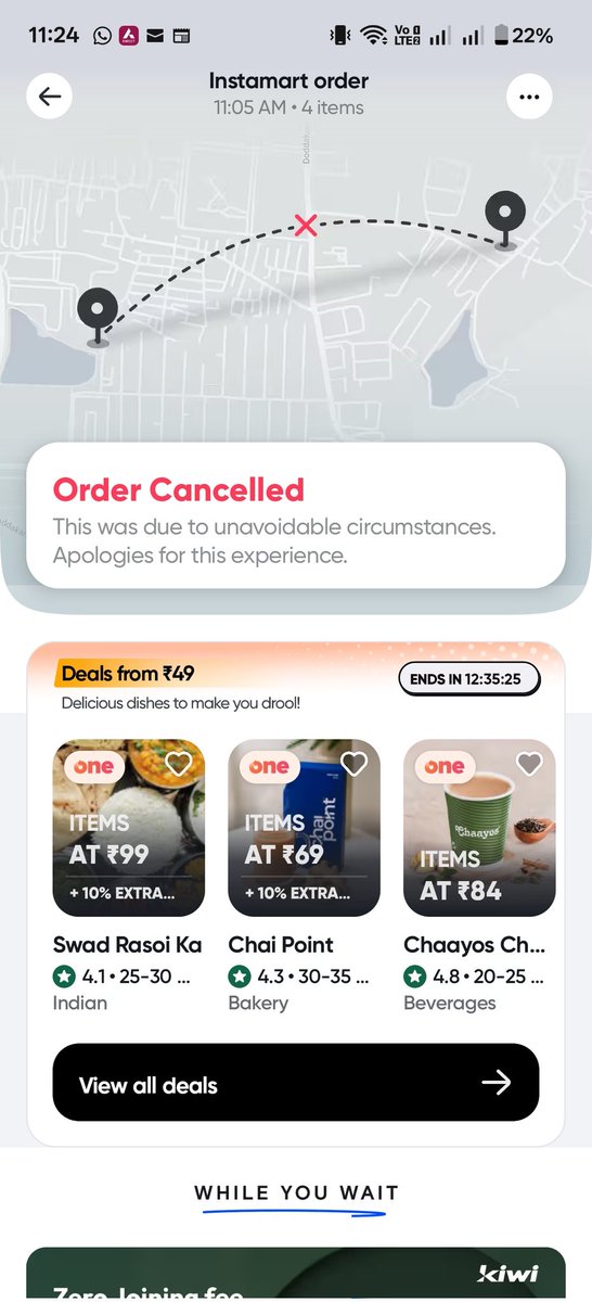 RajdevDheeraj's tweet photo. @SwiggyInstamart follow up to the order . First you accept then make us wait . Then cancel and no update post that . Customer support also has no clue on chat https://t.co/hGXeJmLqe4