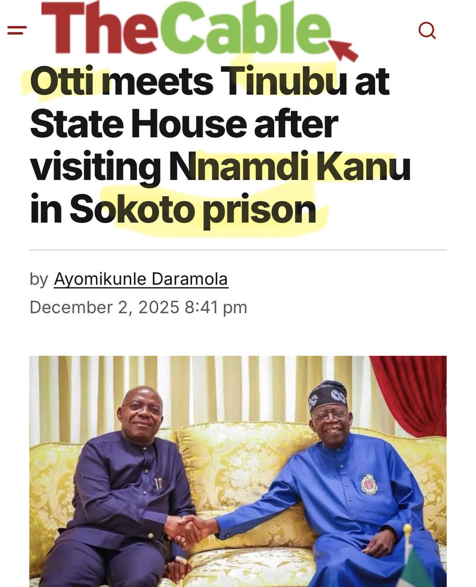 “Otti meets Tinubu at State House after visiting Nnamdi Kanu in Sokoto prison”. This is the most cheery news of the day. He said he would; and he did and very quickly too. Godspeed, Your Excellency, as you work in search of ultimate justice for #MNK = Ndigbo.