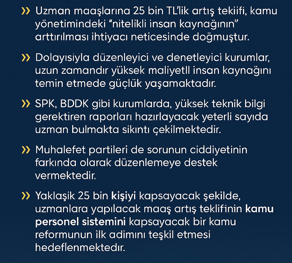 Uzman maaşlarına artış teklifi, kamu yönetiminde nitelikli insan kaynağını korumak için zorunlu hâle gelmiştir.
Kritik kurumlar, teknik bilgi gerektiren görevlerde ciddi uzman açığı yaşamaktadır.

Bu adım, daha kapsamlı bir kamu reformunun ilk aşamasıdır.

📊 Detaylar görselde 👇
