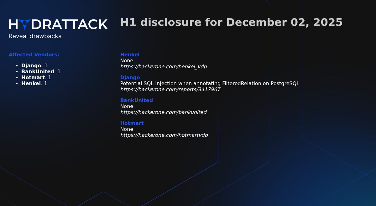 EASM_HydrAttack's tweet image. #HackerOne (h1) disclosure report for December 02, 2025:

Django: 1
BankUnited: 1
Hotmart: 1
Henkel: 1

#h1 #report #vulnerabilities #hydrattack

More details: t.me/HydrAttack