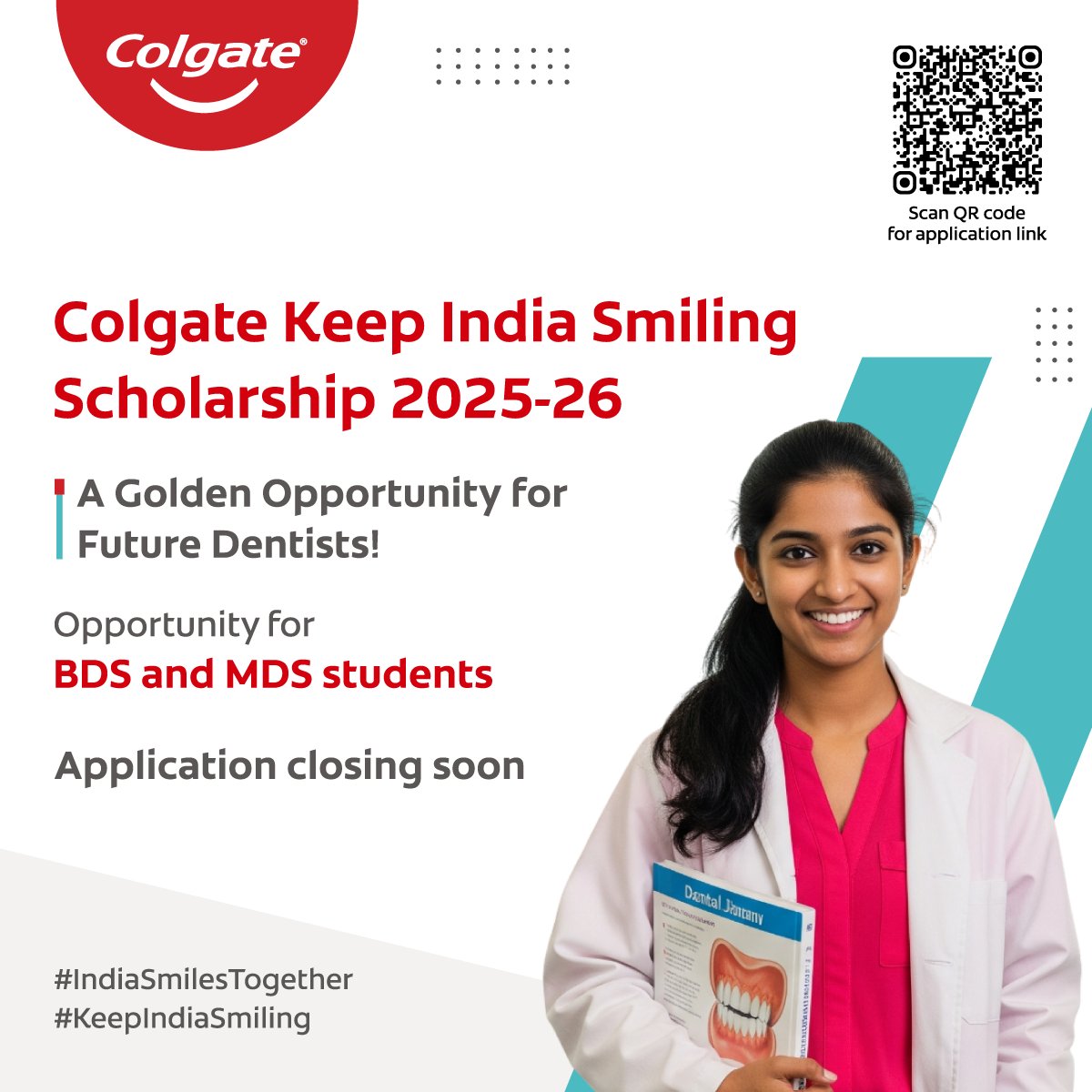 Buddy4Study's tweet image. Attention BDS &amp;amp; MDS students! 
The deadline for the Colgate Keep India Smiling Scholarship 2025-26 is approaching. A golden chance for students pursuing BDS and MDS courses to get a one-time scholarship support of INR 75,000. 

Don’t miss the deadline. Enrol today!