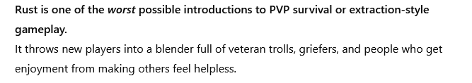I asked Chat GPT about the game "Rust," and this is part of what it had to say.
Does this sound accurate?
Don't think I'll be wasting my time on that game.
#RUST