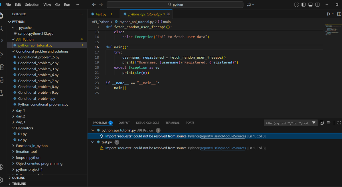 AbrahamShamaz's tweet image. Facing a strange Python issue in VS Code.
I’m trying to use the requests module, but VS Code keeps showing this error:
“Import &apos;requests&apos; could not be resolved.”

Has anyone faced this before? What’s the solution?
#Python #VSCode #CodingProblems #DevCommunity #100DaysOfCode