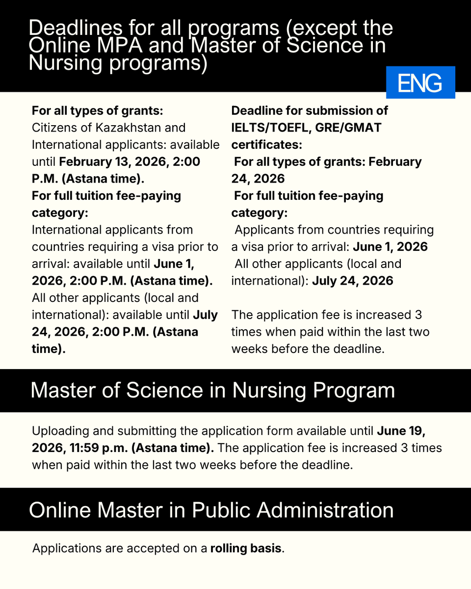 NUedukz's tweet photo. 📢 Deadlines for all Master's Programs

Application period is open for the 2026–2027 academic year. All times are indicated in Astana time.

Submit your application at https://t.co/NVph59gslW https://t.co/hEvhzKlmgg