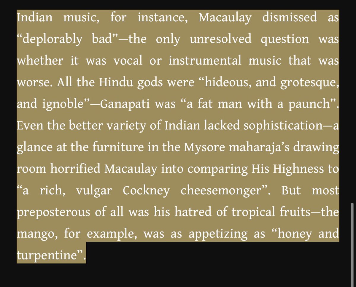 TrulyMonica's tweet image. Macaulay hated Music in general and Indian Music even more. He even hated Indian gods, Indian culture and aesthetics. But this jholachap Journalist is crediting him for bringing Music to India. Truly Colonialism’s finest servant.