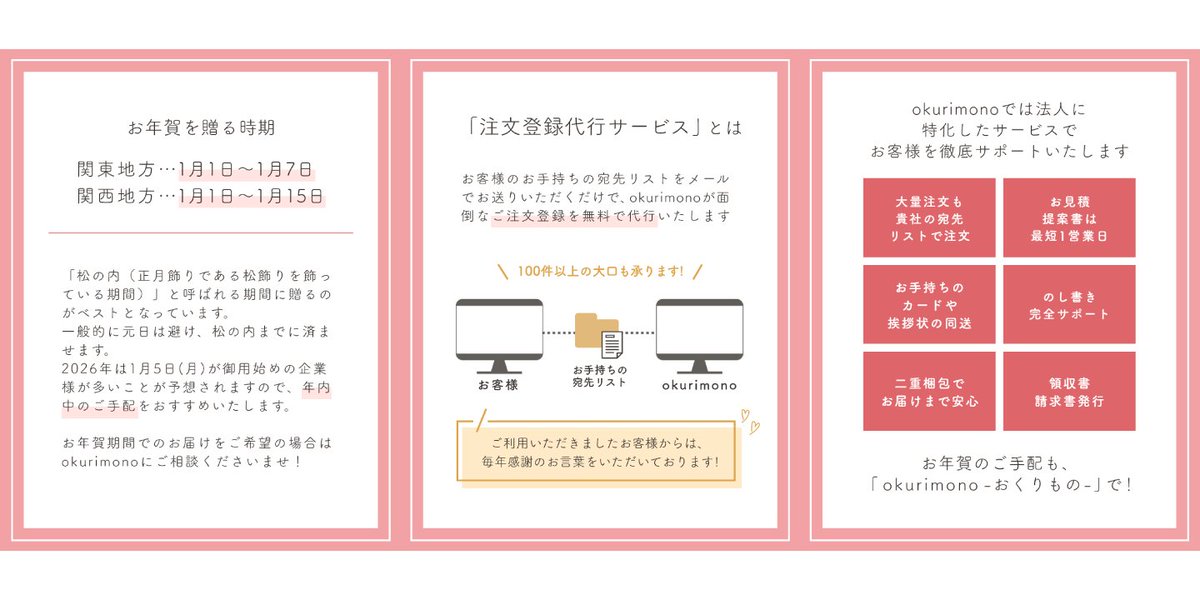 okurimono719's tweet image. そろそろお年賀の準備も始めたい頃ですね。
お年賀は「松の内」と呼ばれる期間に届くよう贈るのがベストです。
お正月が始まってから、 関東では7日まで、関西では15日まで。
日付指定や大量注文など、 okurimonoではお年賀にも最適なサービスをご用意しています。
#お正月 #お年賀 #冬ギフト #PR