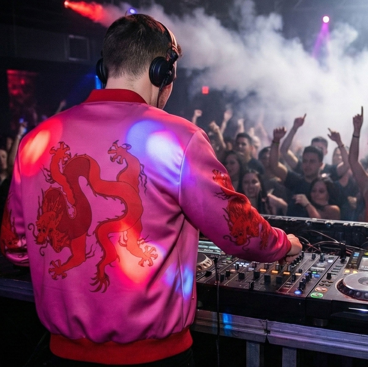 Hot Pink with a red dragon satin Bomber Jacket for clubbing, festivals and parties.
LongStudioDesign.com