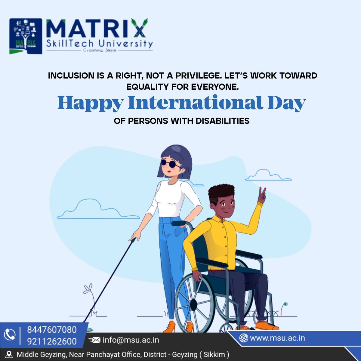 university19447's tweet image. Happy International Day of Persons with Disabilities from Matrix SkillTech University! 💙♿
#InternationalDayOfPersonsWithDisabilities #MatrixSkillTechUniversity #InclusionForAll #AccessibilityMatters #EqualOpportunities #RespectAndDignity #Empowerment #StrongerTogether