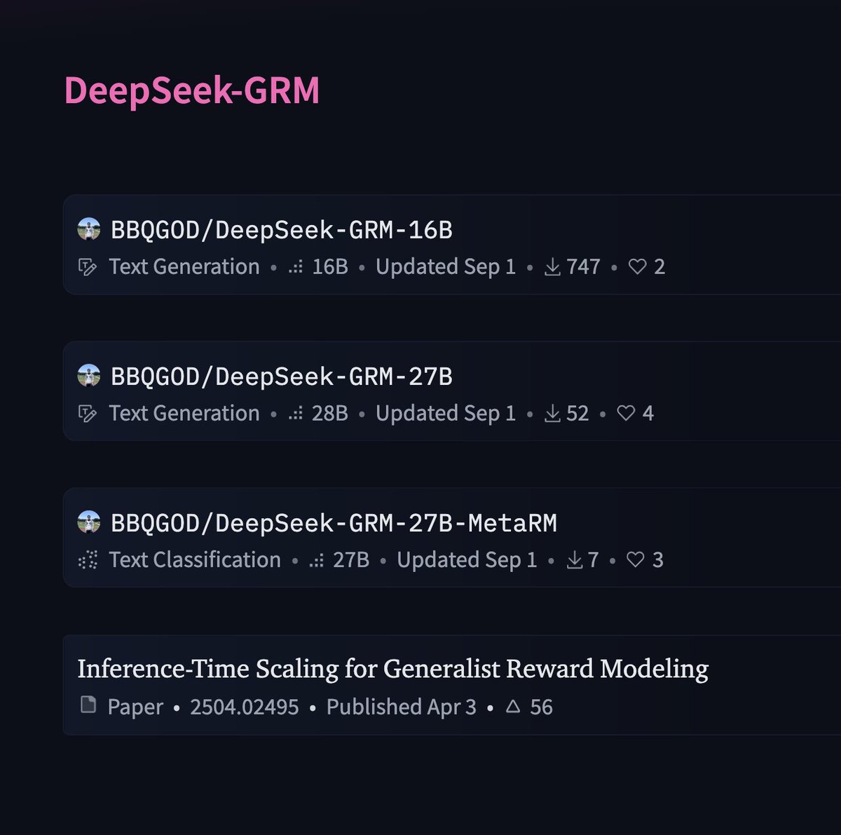 그런데, 저는 DeepSeek의 "Self-Principled Critique Tuning(SPCT)으로 강화된 생성적 보상 모델(GRM)" 체크포인트가 어느 시점에 출시되었다는 것을 지금에야 알게 되었습니다.
이