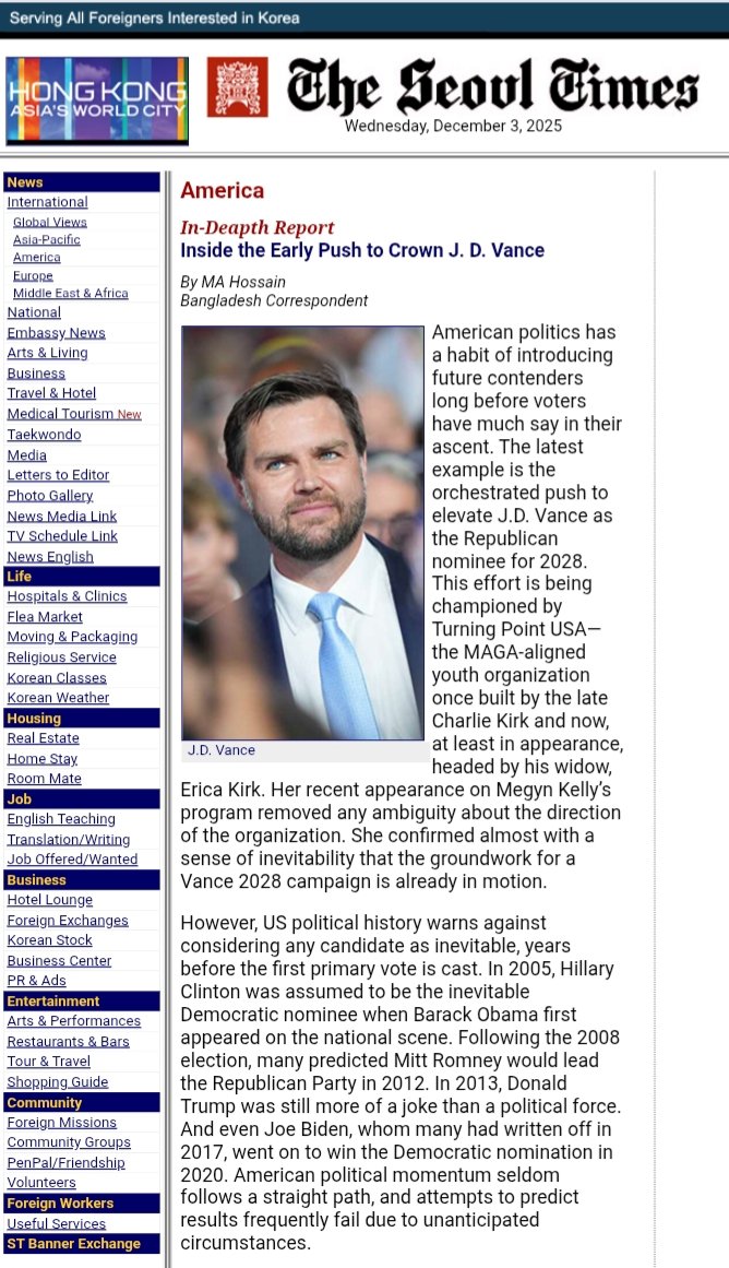 📰 Newspaper: The Seoul Times
🗓️ Date: 03 December, 2025

✒️ Title: Inside the Early Push to Crown J. D. Vance <a href="/theseoultimes/">The Seoul Times</a>

🔗 Link 👉 theseoultimes.com/ST/?url=/ST/db…

#jdvance #uspolitices #trump #republican
