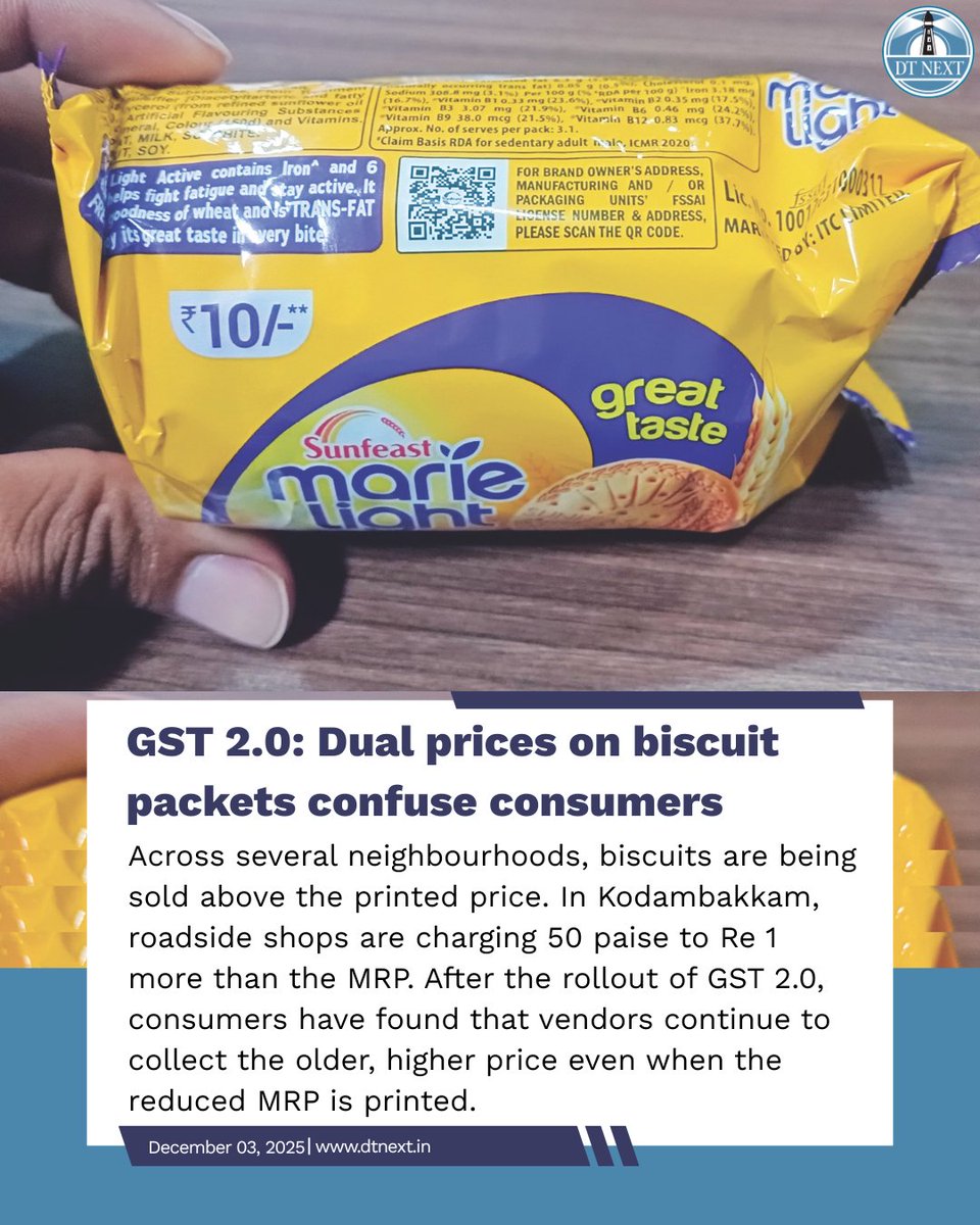 dt_next's tweet photo. Major biscuit manufacturers continue to print dual prices, confusing customers, as retailers continue to sell them at older, higher rates despite GST reforms.

🖊️ @VASUDEVANS0121 
https://t.co/3oCR96MOo3

#DTNext #Chennai #GST #Business #Biscuits #GSTReforms https://t.co/j8J0xlVPjj