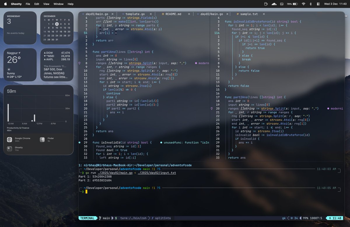NirbhaySirsikar's tweet image. Day 2, Part 2 was even tougher! Had to use brute force to find the answer. Guess my DSA skills are a bit rusty for optimization! 😅
adventofcode.com/2025/day/2 

#AdventOfCode