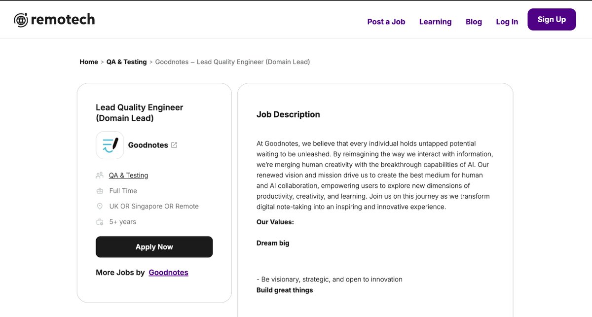 Remotech_ai's tweet image. Goodnotes is hiring Lead Quality Engineer 
Location: Remote - UK or Singapore 

🔗 View Details:
remotech.ai/jobs/lead-qual… 

Sign up to get early access to top remote tech jobs 👇
remotech.ai/sign-up 

#RemoteWork #TechJobs #Remotejobs