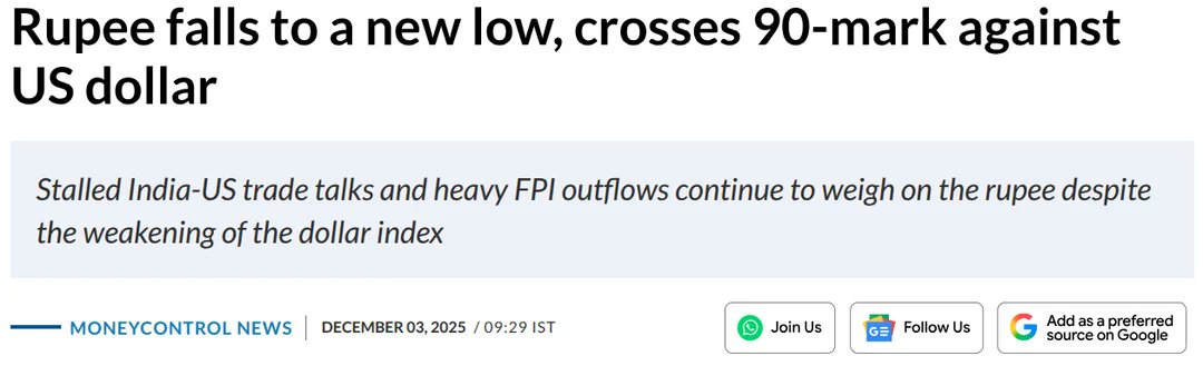 Rupee falls to a new low, crosses 90-mark against US dollar.